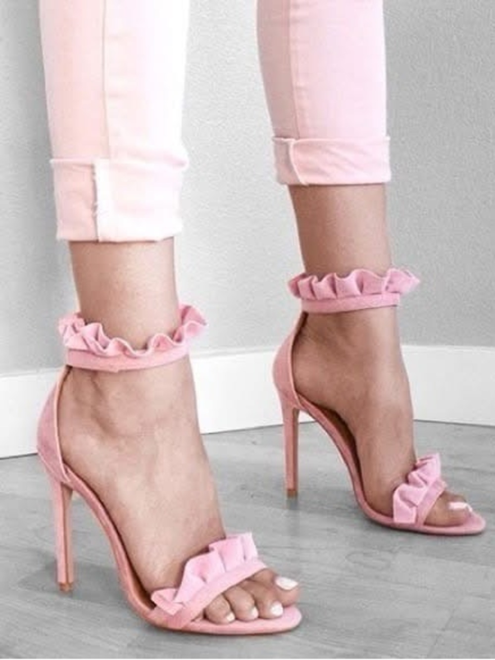 EGO Pink Florence Frill Ruffle Stiletto Heels Ankle Strap BarbieCore Coquette